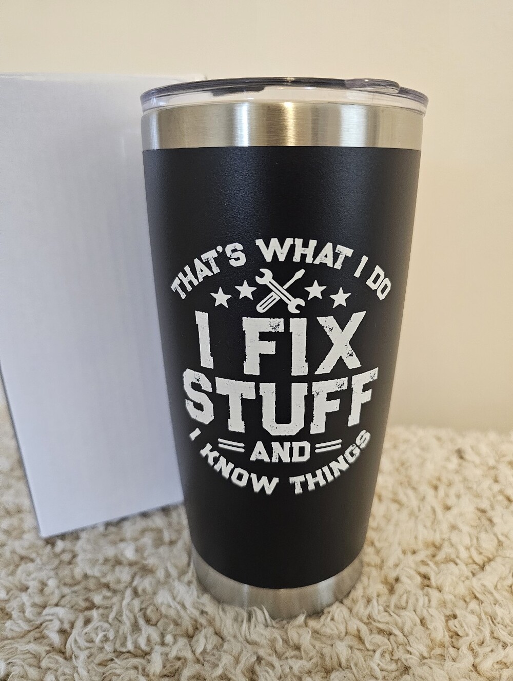 Funny Mechanic Tumbler Travel Mug “I Fix Stuff” Tools Black Stainless Steel NEW